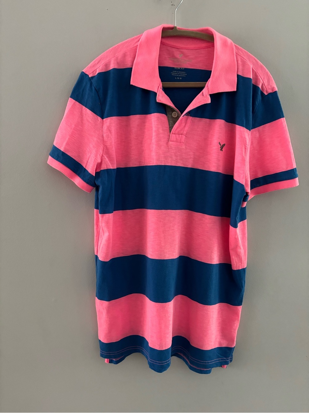 American Eagle Slim Fit Striped Men’s Polo Shirt Pink Blue Size L Preppy